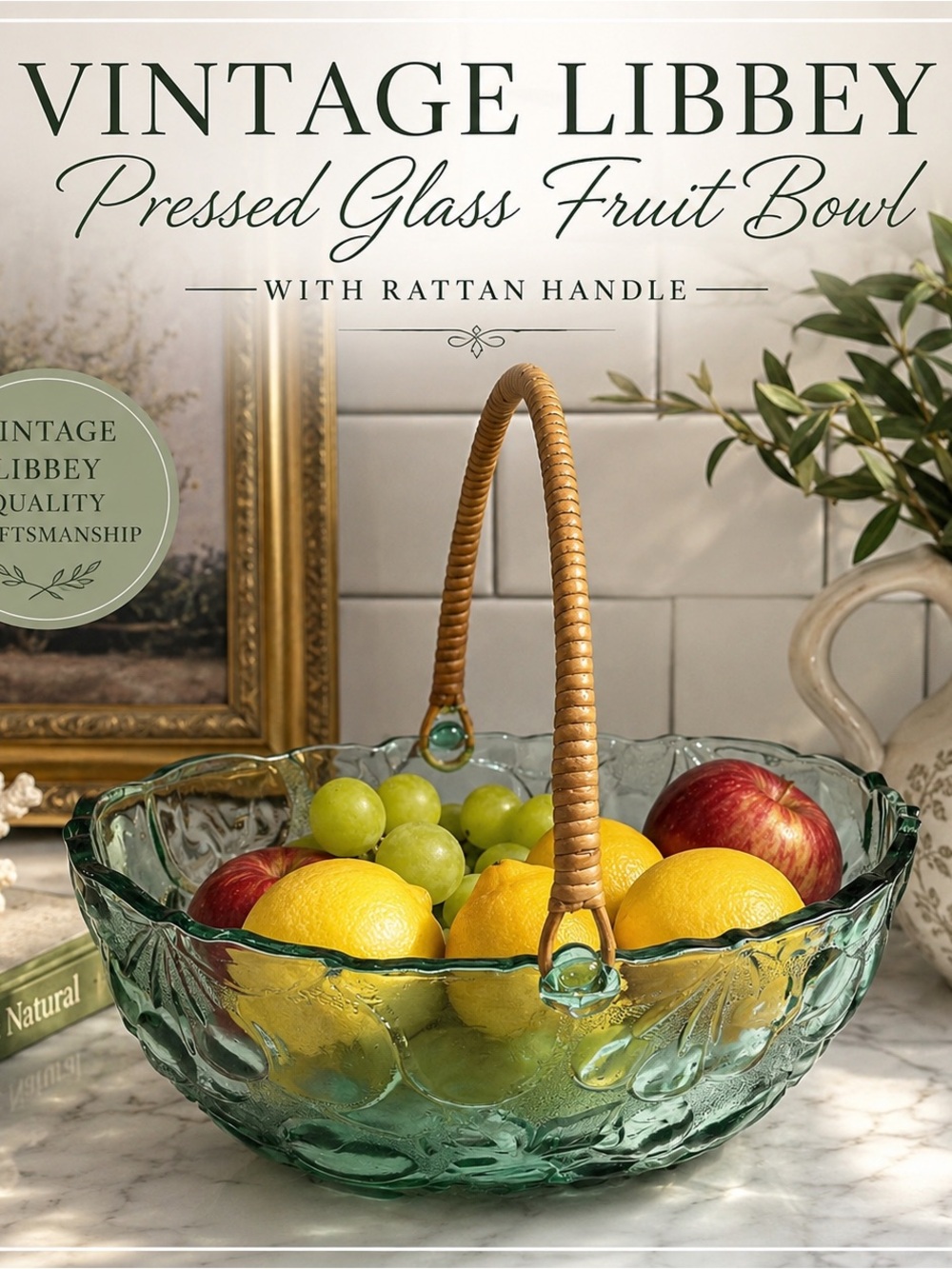 Vintage Libbey Pressed Glass Fruit Bowl with Rattan Handle